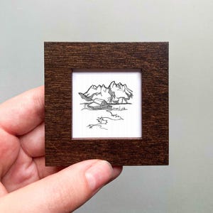 Miniature Grand Teton National Park Line Drawing PRINT - Mini Wall Art Wooden Wall Frame