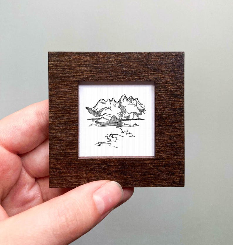 Miniature Grand Teton National Park Line Drawing PRINT - Mini Wall Art Wooden Wall Frame