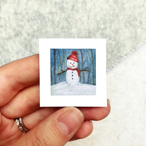 Mini 1&quot; Snowman Winter Scene Snowflakes Christmas Snowy Holiday Ornament Print Tiny Watercolor  Art PRINT