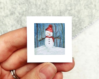 Mini 1" Snowman Winter Scene Snowflakes Christmas Snowy Holiday Ornament Print Tiny Watercolor  Art PRINT