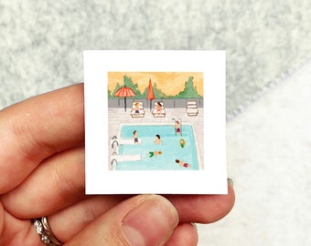 Mini 1" Swimming Pool Summer Print Tiny Watercolor  Art PRINT