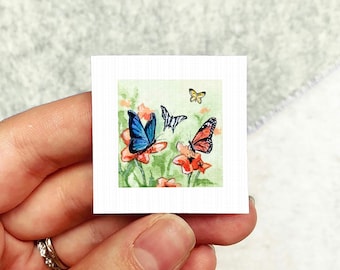 Lámina decorativa de jardín de flores con mariposas en miniatura - Miniatura de acuarela de 2,5 cm para pared