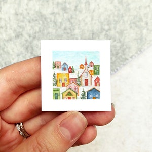 Mini 1" Snowy Village Day Winter Scene Snowy Holiday Ornament Print Tiny Watercolor  Art PRINT