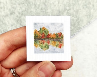 Miniature Autumn Lake Reflection Art PRINT - Tiny Fall Leaves Watercolor 1-Inch Mini Wall Decor