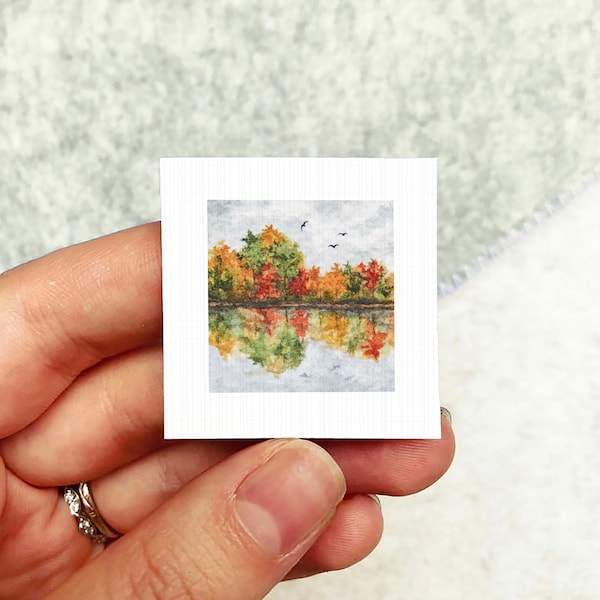Miniature Autumn Lake Reflection Art PRINT - Tiny Fall Leaves Watercolor 1-Inch Mini Wall Decor