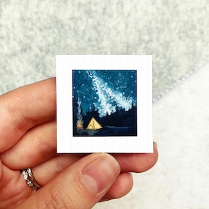 Mini 1" Camping Tent Galaxy Night Print Tiny Watercolor Art PRINT