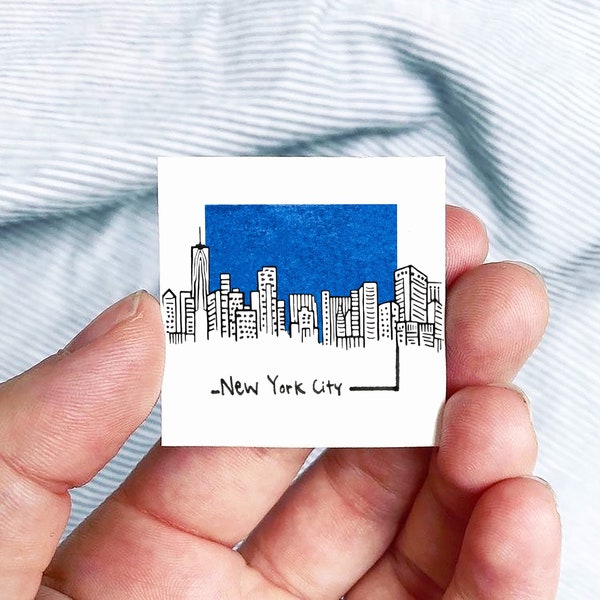 Mini New York City, NYC 1.5" USA City Skyline Tiny Watercolor and Ink Art PRINT