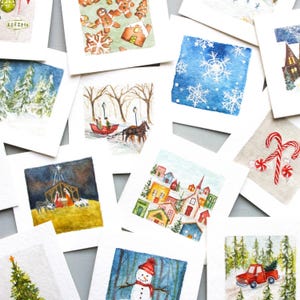 PRINTED Mini 1" Winter Christmas Holiday December Snow, Nativity, Xmas Tree Seasonal Watercolor PRINTS
