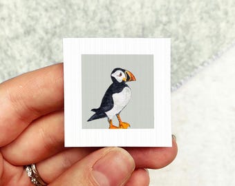 Miniature Puffin Bird Art PRINT - Tiny Gouache 1-Inch Mini Wall Decor