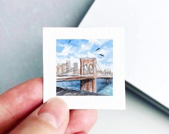 Miniature Brooklyn Bridge NYC New York City Art PRINT - Tiny Floral Gouache 1-Inch Mini Wall Decor