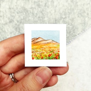 Mini 1&quot; Poppy Meadow California Poppies Spring Print Tiny Watercolor  Art PRINT