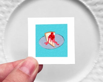 Mini 1" Cheesecake Dessert Cherry Food Kitchen Dining Room Decor Print Tiny Gouache  Art PRINT