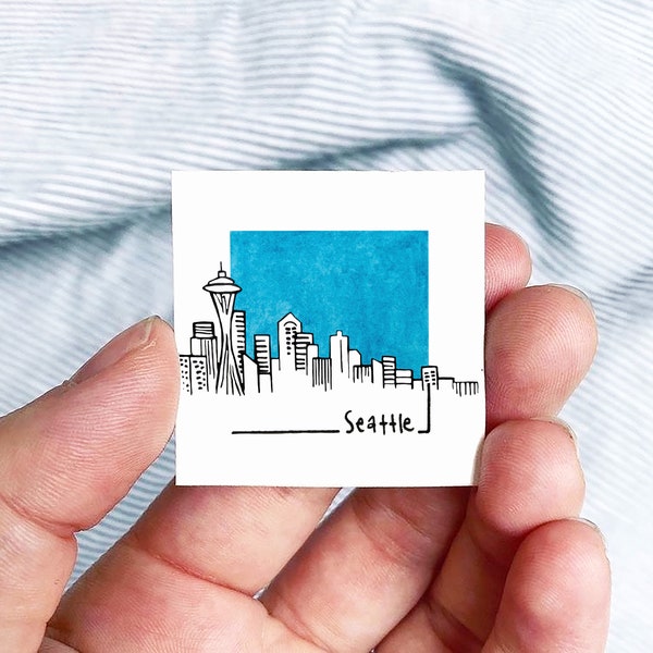 Mini Seattle, Washington 1.5" USA City Skyline Tiny Watercolor and Ink Art PRINT