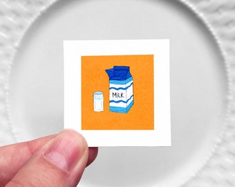 Mini 1" Milk Carton Dairy Food Kitchen Dining Room Decor Print Tiny Gouache  Art PRINT