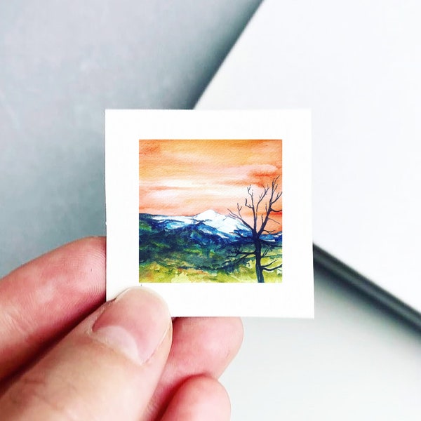 Mini 1" Sierra Blanca New Mexico Print Tiny Watercolor Mountain Peak  Art PRINT