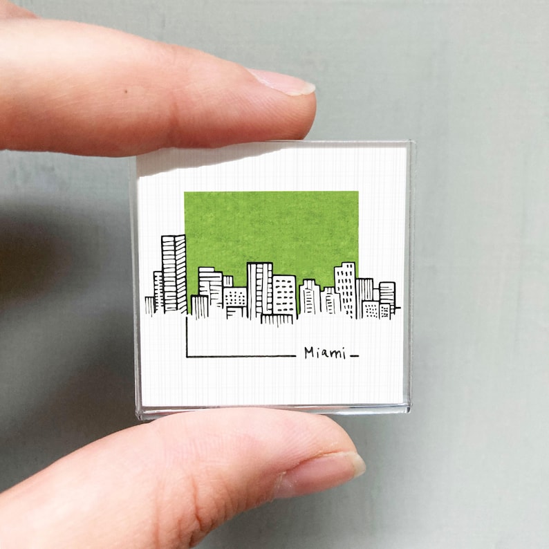 Miniature Miami, Florida Skyline Art PRINT - Tiny City Watercolor 1.5-Inch Mini Wall Decor Magnet Frame