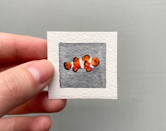 ORIGINAL Mini 1" Clownfish Animal Print Tiny Watercolor  Art ORIGINAL