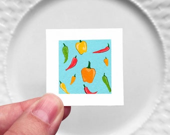 Mini 1" Pepper Jalapeno Chile Bell Food Kitchen Dining Room Decor Print Tiny Gouache  Art PRINT