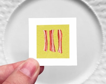 Mini 1" Bacon Breakfast Meat Food Kitchen Dining Room Decor Print Tiny Gouache  Art PRINT