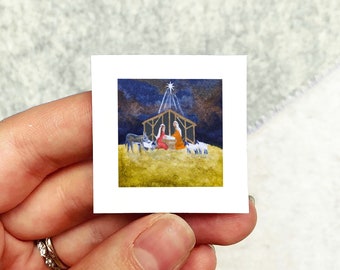 Mini 1" Nativity Baby Jesus Mary Joseph Manger Christmas Winter Holiday Ornament Print Tiny Watercolor  Art PRINT