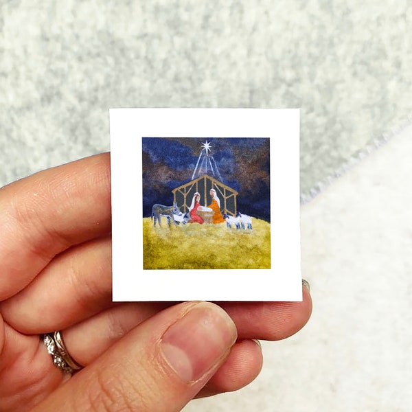 Mini 1" Nativity Baby Jesus Mary Joseph Manger Christmas Winter Holiday Ornament Print Tiny Watercolor  Art PRINT