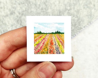 Mini 1" Tulip Festival Flower Field Print Tiny Watercolor  Art PRINT