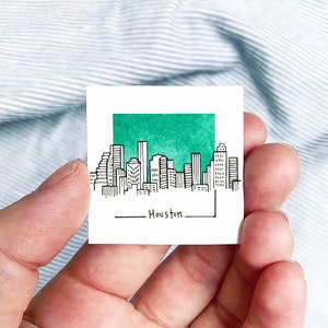 Mini Houston, Texas 1.5&quot; USA City Skyline Tiny Watercolor and Ink Art PRINT