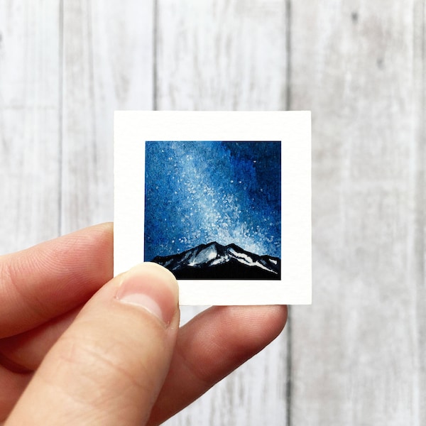 Mini 1" Galaxy Mountain Peak Milky Way Tiny Watercolor Landscape  Art PRINT