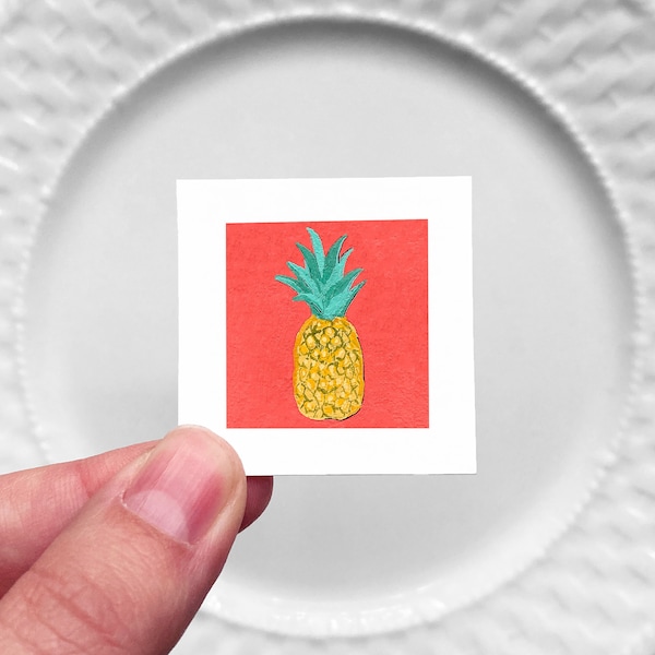 Mini 1" Pineapple Fruit Food Kitchen Dining Room Decor Print Tiny Gouache  Art PRINT