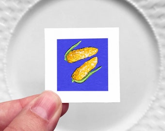 Mini 1" Corn on the Cob Vegetable Food Kitchen Dining Room Decor Print Tiny Gouache  Art PRINT