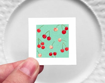 Mini 1" Cherry Fruit Food Kitchen Dining Room Decor Print Tiny Gouache  Art PRINT