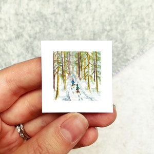 Mini 1" Snowshoeing Snowy Landscape Winter Woods Scene, Tiny Watercolor  Art PRINT