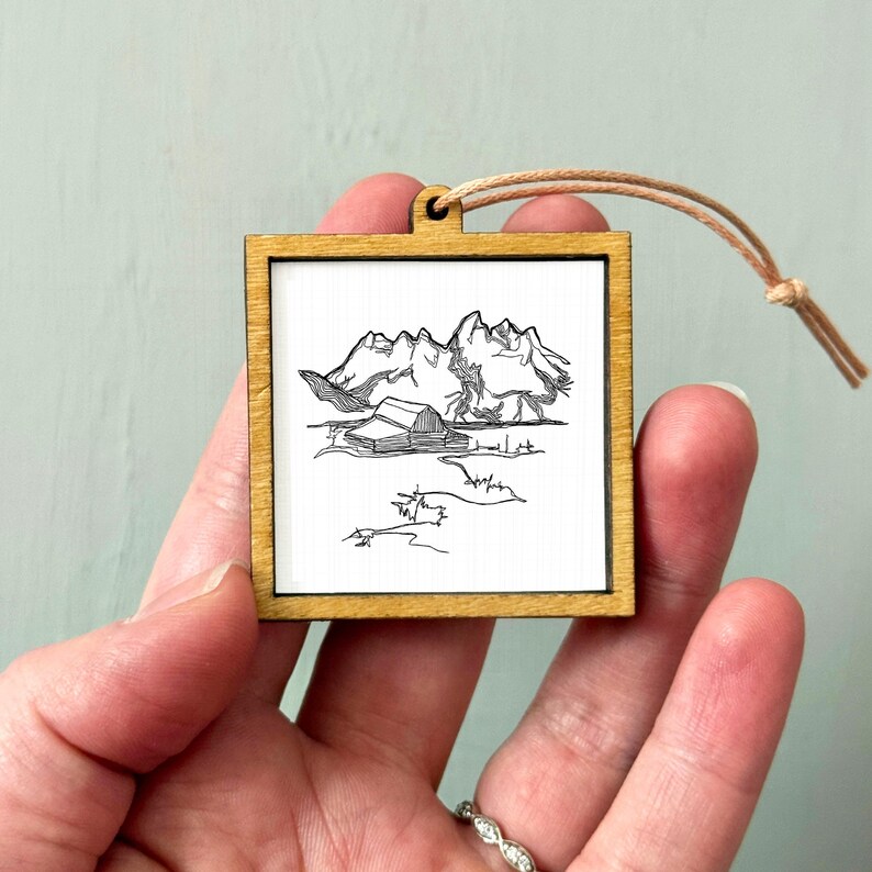 Miniature Grand Teton National Park Line Drawing PRINT - Mini Wall Art Dangling Frame