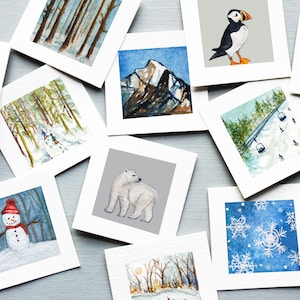 PRINTED Mini 1&quot; Winter Snowy Landscape Polar Animals Snowflake Tiny Seasonal Watercolor Art PRINTS