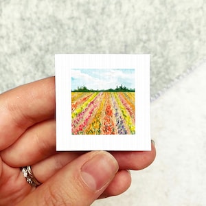 Miniature Tulip Festival Flower Field Art PRINT - Tiny Watercolor 1-Inch Mini Wall Decor