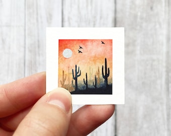 Mini 1&quot; Cactus Desert Sunset Print Tiny Watercolor Landscape  Art PRINT