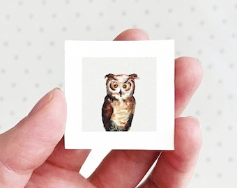 Mini 1" Owl Animal Print Tiny Watercolor  Art PRINT