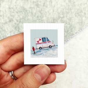 Miniature Mail Truck Mailman Art PRINT - Tiny Valentine Watercolor 1-Inch Mini Wall Decor