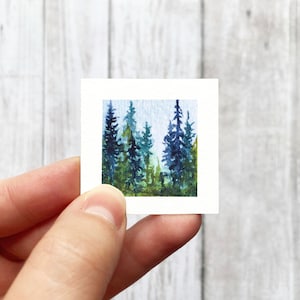 Mini 1" Pine Trees Misty Forest Print Tiny Watercolor Landscape  Art PRINT