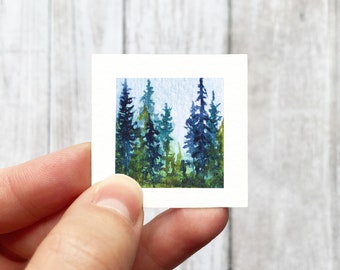 Mini 1" Pine Trees Misty Forest Print Tiny Watercolor Landscape  Art PRINT