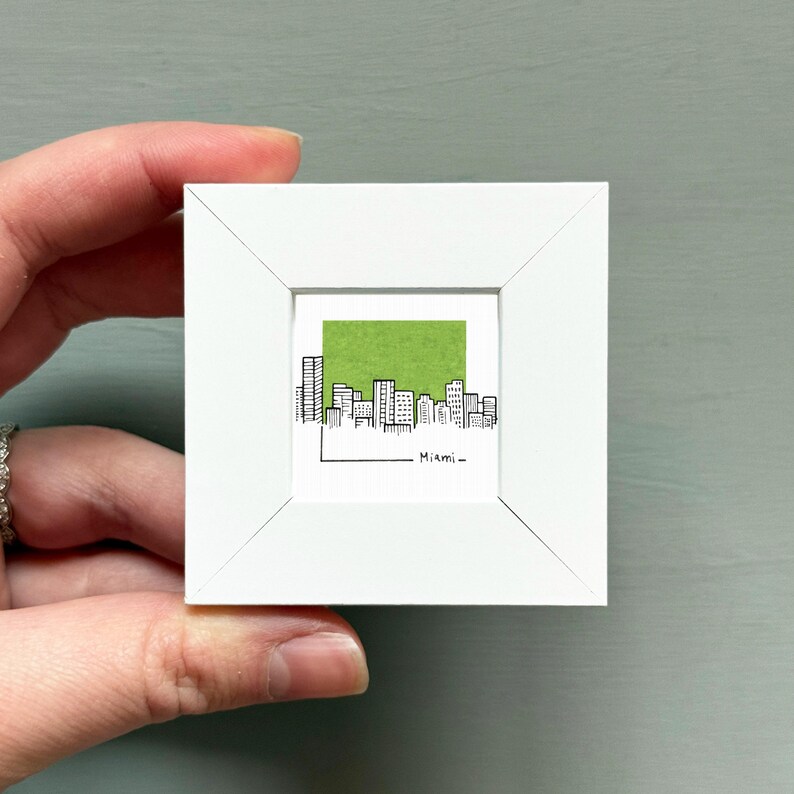 Miniature Miami, Florida Skyline Art PRINT - Tiny City Watercolor 1.5-Inch Mini Wall Decor White Frame