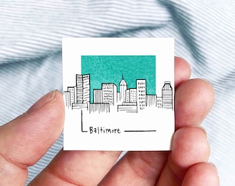 Mini Baltimore, Maryland Skyline 1.5" USA City Skyline Tiny Watercolor and Ink Art PRINT