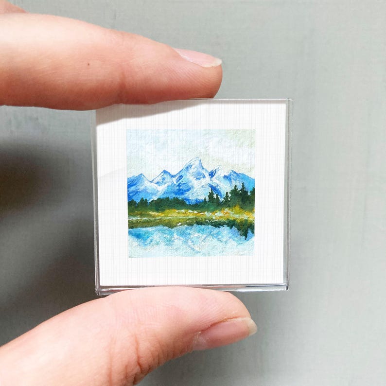Miniature Grand Tetons National Park Wyoming Art PRINT - Tiny Gouache 1-Inch Mini Wall Decor Magnet Frame