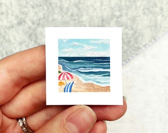 Mini 1" Beach Umbrellas Summer Ocean Print Tiny Watercolor  Art PRINT