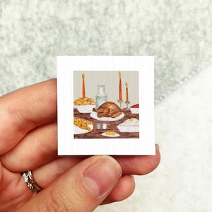 Miniature Thanksgiving Turkey Dinner Art PRINT - Tiny Watercolor 1-Inch Mini Wall Decor