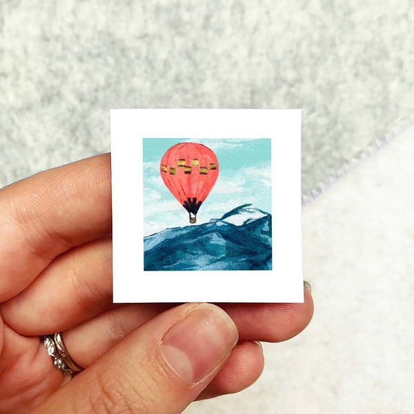 Mini 1" Hot Air Balloon Mountain Print Tiny Watercolor  Art PRINT