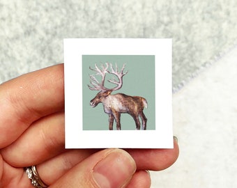 Mini 1" Reindeer Rudolph Santa Winter Scene Christmas Tree Holiday Ornament Print Tiny Watercolor  Art PRINT