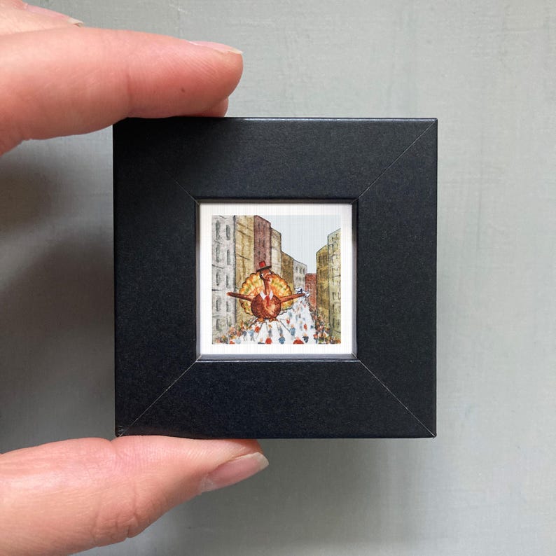 Miniature Thanksgiving Turkey Balloon – NYC Holiday Parade Tiny Watercolor Art PRINT Black Frame