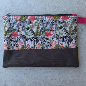 Cartera de mano con cremallera forrada de algodón con flamencos y cebras, bolso, bolsa con cremallera, bolso multiusos, cartera tropical