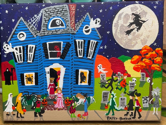 15 Boo St. 6x8 Original Halloween Folk Art Painting by Patty